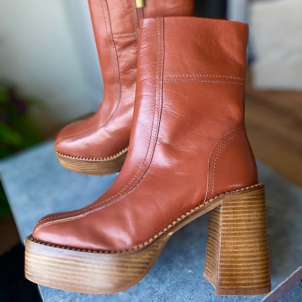 Platform Leather Boots in Tan with Wooden Look Bottom